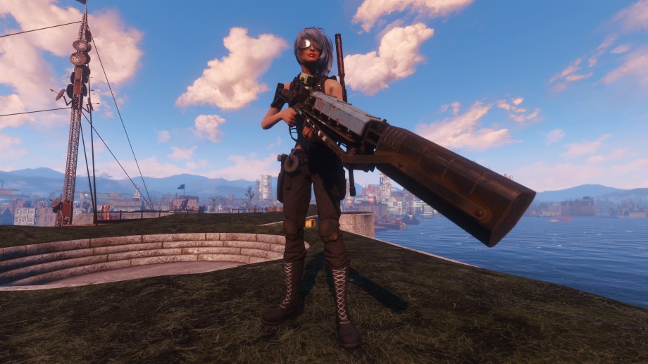 Image of Mel's Fallout 4 Character, holding her favourite, rather large, gun.